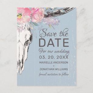 Rustic Cow Skull Boho Blush Floral Save the Date Announcement Postcard