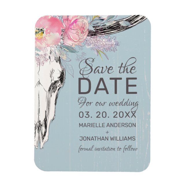 Rustic Cow Skull Boho Blush Floral Save the Date Magnet (Vertical)