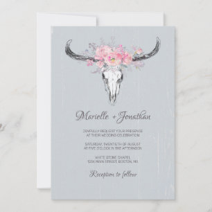 Rustic Cow Skull Boho Blush Floral Watercolor Gray Invitation