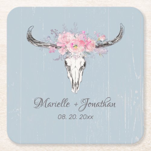 Rustic Cow Skull Boho Blush Pink Watercolor Floral Square Paper Coaster