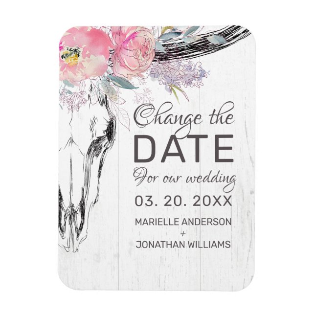 Rustic Cow Skull Boho Floral Blush Change the Date Magnet (Vertical)
