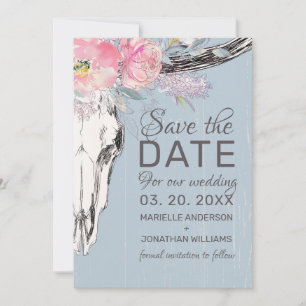 Rustic Cow Skull Boho Floral Blush Pink Watercolor Save The Date