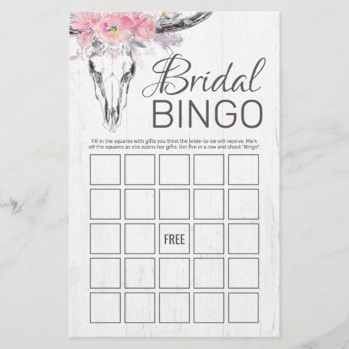 Rustic Cow Skull Boho Floral Bridal Bingo Game