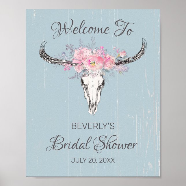 Rustic Cow Skull Boho Floral Bridal Shower Welcome Poster (Front)