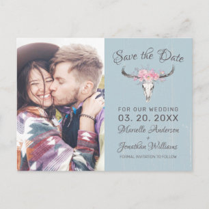 Rustic Cow Skull Boho Floral Photo B Save the Date Announcement Postcard