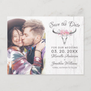 Rustic Cow Skull Boho Floral Photo Save the Date Announcement Postcard