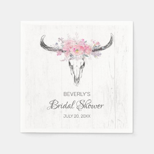 Rustic Cow Skull Boho Floral White Bridal Shower Napkins