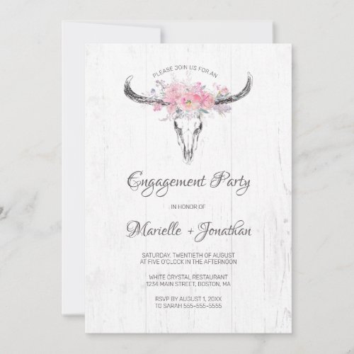 Rustic Cow Skull Boho Floral White Engagement Invitation