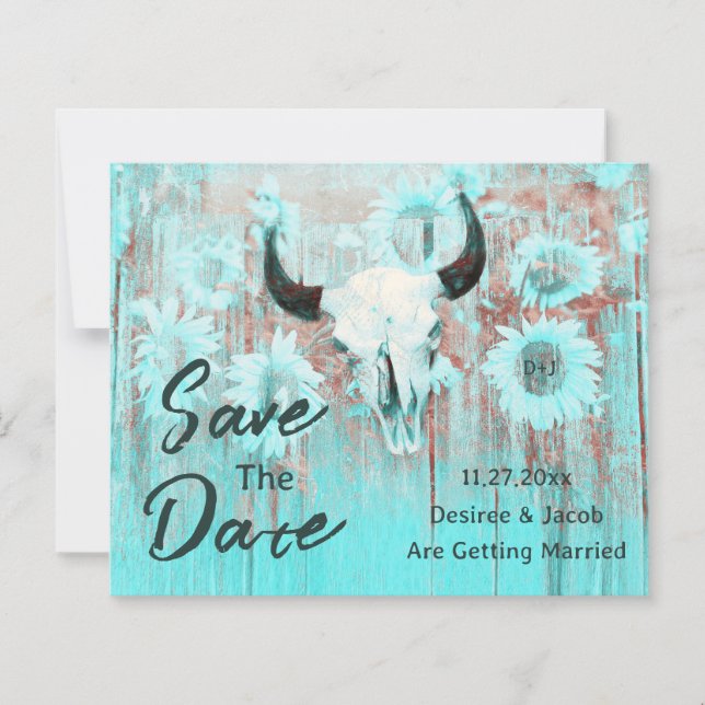 Rustic Cow Skull Boho Teal Sunflowers Budget (Front)
