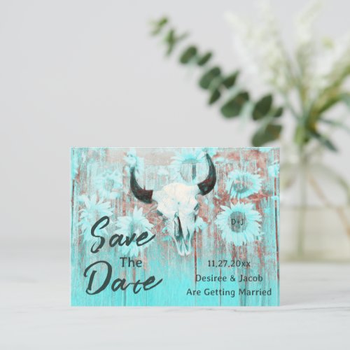 Rustic Cow Skull Boho Teal Western Sunflowers Announcement Postcard