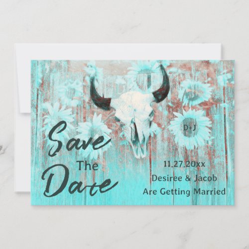Rustic Cow Skull Boho Teal Western Sunflowers Save The Date