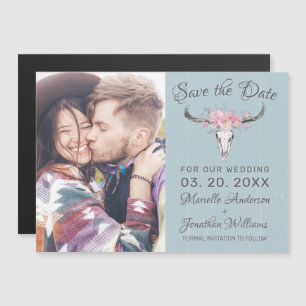 Rustic Cow Skull Floral Blue Photo Save the Date Magnetic Invitation