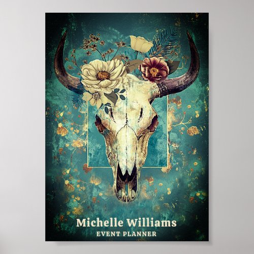 Rustic Cow Skull Floral Boho Western Business Logo Poster