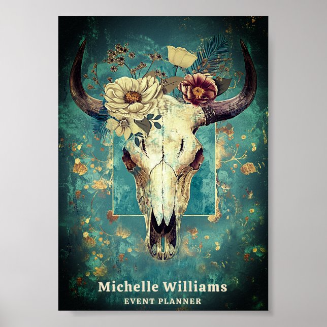 Rustic Cow Skull Floral Boho Western Business Logo Poster (Front)