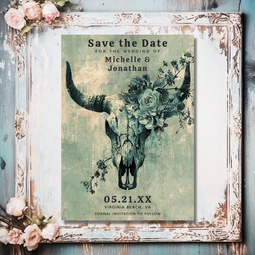 Rustic Cow Skull Floral Boho Western Wedding Save The Date