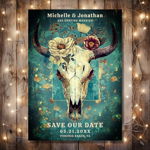 Rustic Cow Skull Floral Boho Western Wedding Save The Date