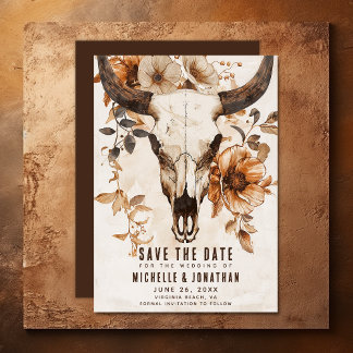 Rustic Cow Skull Floral Boho Western Wedding Save The Date
