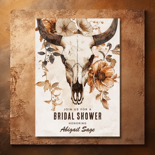 Rustic Cow Skull Floral Western Boho Bridal Shower Invitation