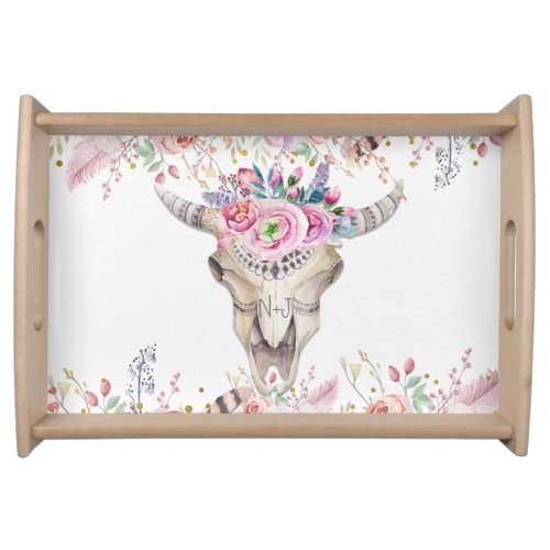 Rustic Cow Skull  Watercolor Floral Country Chic Serving Tray