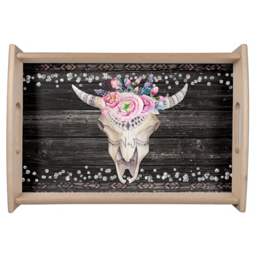 Rustic Cow Skull  Wood Floral Country Chic Serving Tray