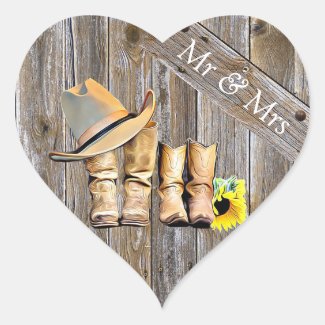 Rustic Cowboy and Cowgirl Wedding Mr and Mrs Heart Sticker