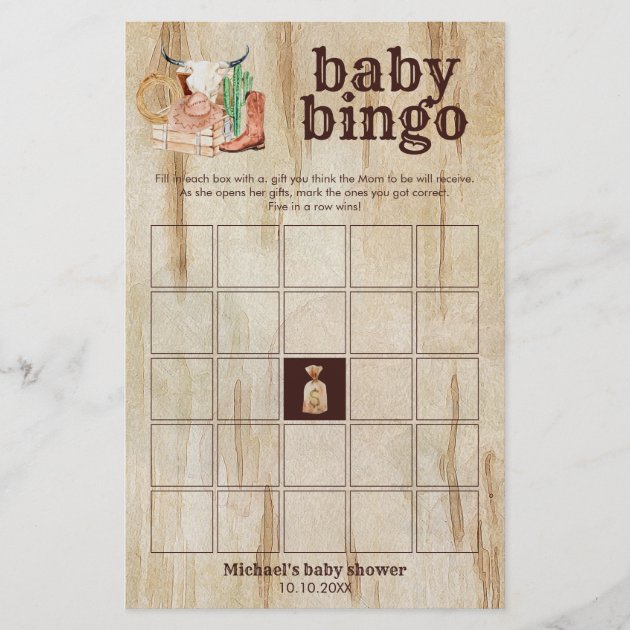 Rustic Cowboy Baby Shower Cactus Desert Bingo Game
