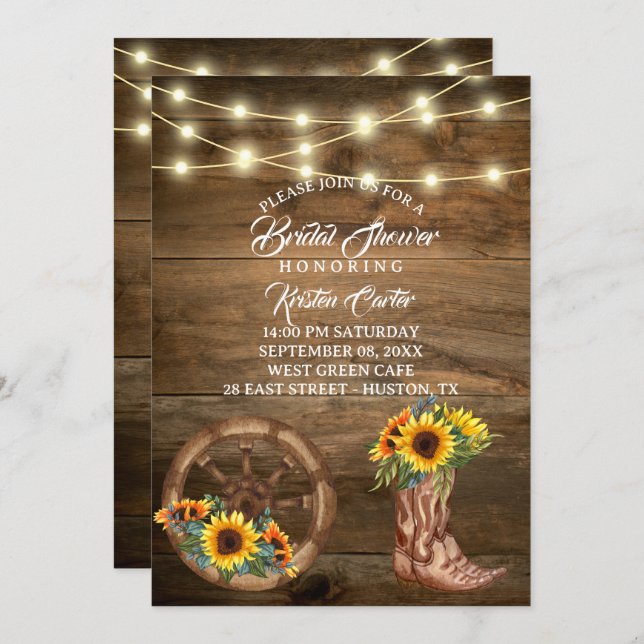 Rustic Cowboy Boot Sunflower Western Bridal Shower Invitation (Front/Back)