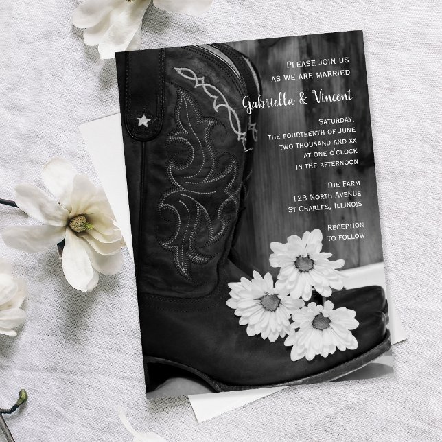 Rustic Cowboy Boots and Daisies Western Wedding Invitation (Creator Uploaded)