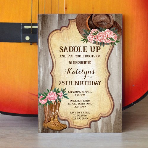 Rustic cowboy boots and hat peonies watercolor  invitation