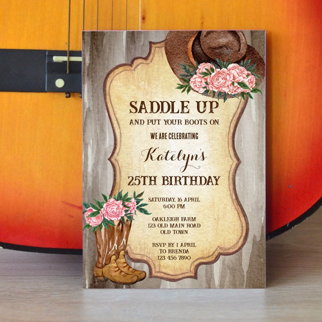 Rustic cowboy boots and hat peonies watercolor  invitation (Creator Uploaded)
