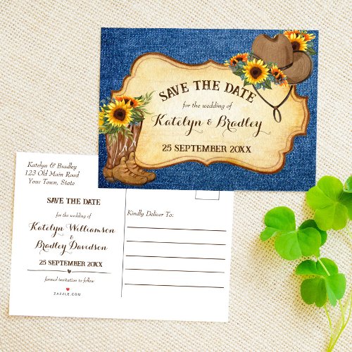 Rustic cowboy boots and hat sunflowers denim announcement postcard