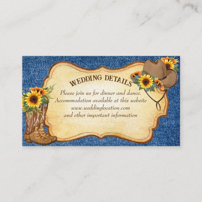 Rustic cowboy boots and hat sunflowers denim enclosure card (Front)