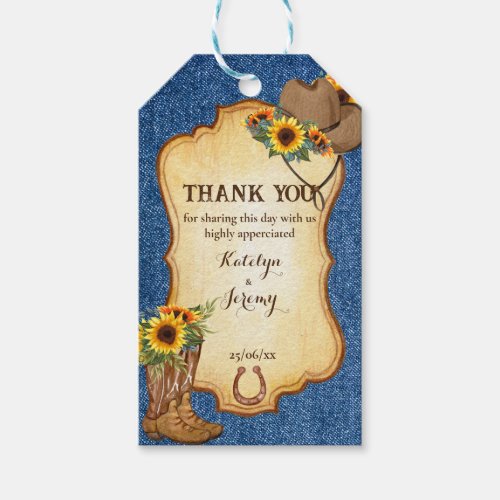 Rustic cowboy boots and hat sunflowers denim gift tags