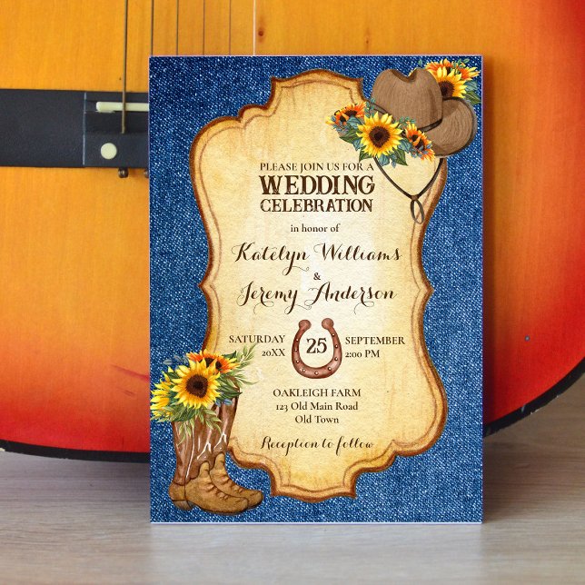 Rustic cowboy boots and hat sunflowers denim  invitation (Creator Uploaded)