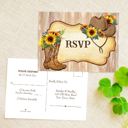 Rustic cowboy boots and hat sunflowers watercolor announcement postcard