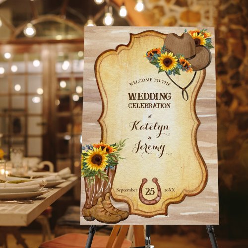 Rustic cowboy boots and hat sunflowers watercolor  foam board