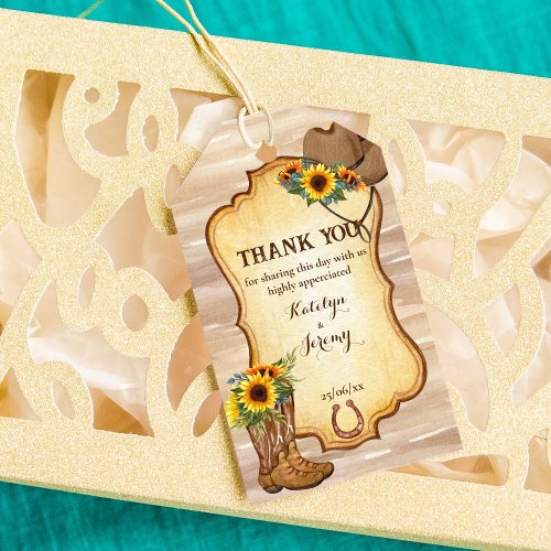 Rustic cowboy boots and hat sunflowers watercolor gift tags