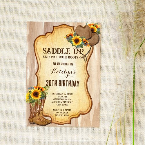 Rustic cowboy boots and hat sunflowers watercolor invitation