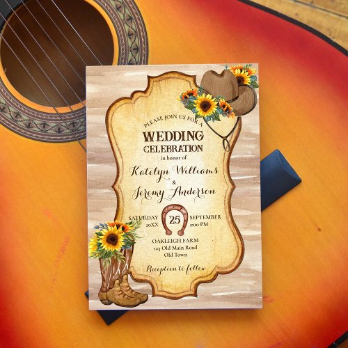 Rustic cowboy boots and hat sunflowers watercolor  invitation