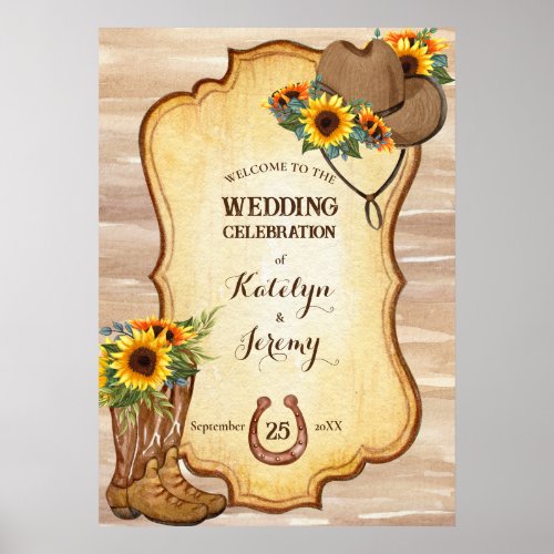 Rustic cowboy boots and hat sunflowers watercolor poster
