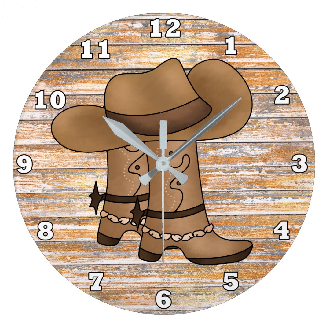 Cowboy Boot Clock Rustic cowboy boots and hat wall decor large clock | Zazzle