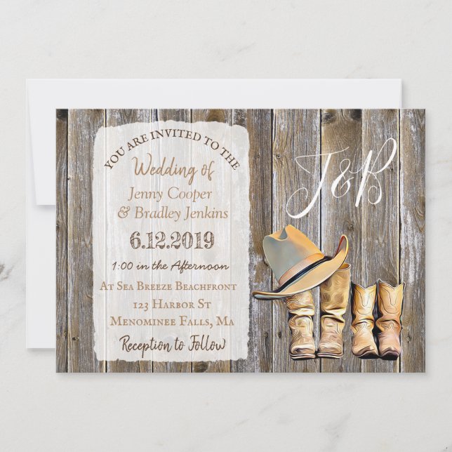 Rustic Cowboy Boots and Lace Wedding Invitation (Front)