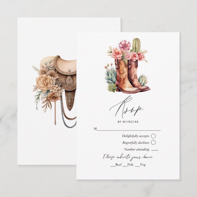 Rustic Cowboy Boots and Saddle Floral Wedding RSVP Card (Front/Back)