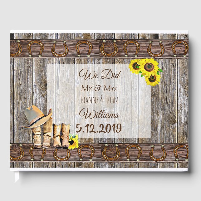Rustic Cowboy Boots and Sunflower Wedding Guest Bo Guest Book (Front)