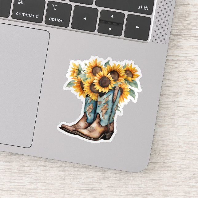 Rustic Cowboy Boots and Sunflowers Waterproof Sticker (Detail)