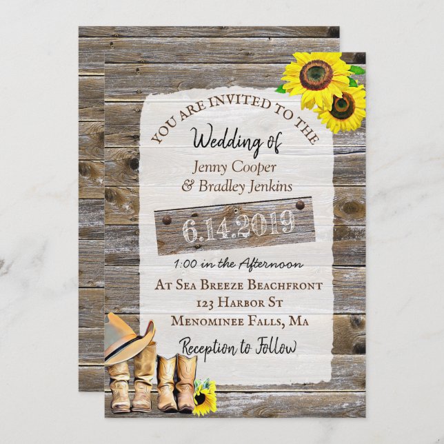 Rustic Cowboy Boots and Sunflowers Wedding Invitation (Front/Back)