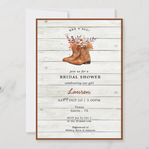 Rustic Cowboy Boots Bridal shower Invitation