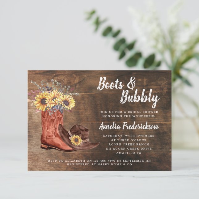 Rustic Cowboy Boots & Bubbly Bridal Shower Invitation (Standing Front)