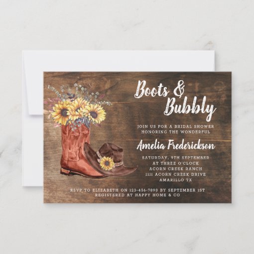 Rustic Cowboy Boots & Bubbly Bridal Shower Invitation | Zazzle