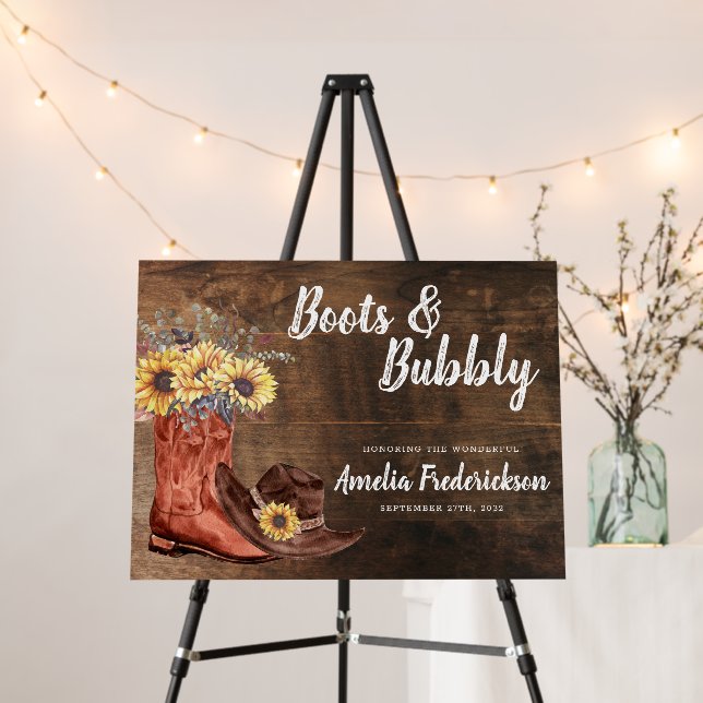 Rustic Cowboy Boots & Bubbly Bridal Shower Sign (In Situ (Stand))